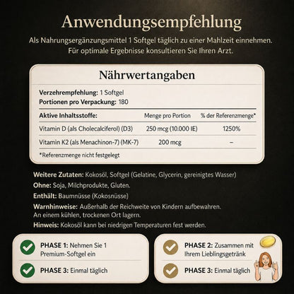 Vitamin D3 & K2 Hochdosiert - 6-Monats-Vorrat