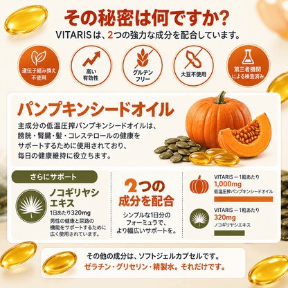 パンプキンシードオイル ソフトジェル Vitaris - 腎臓の健康と膀胱の快適さを、内側から自然にサポート